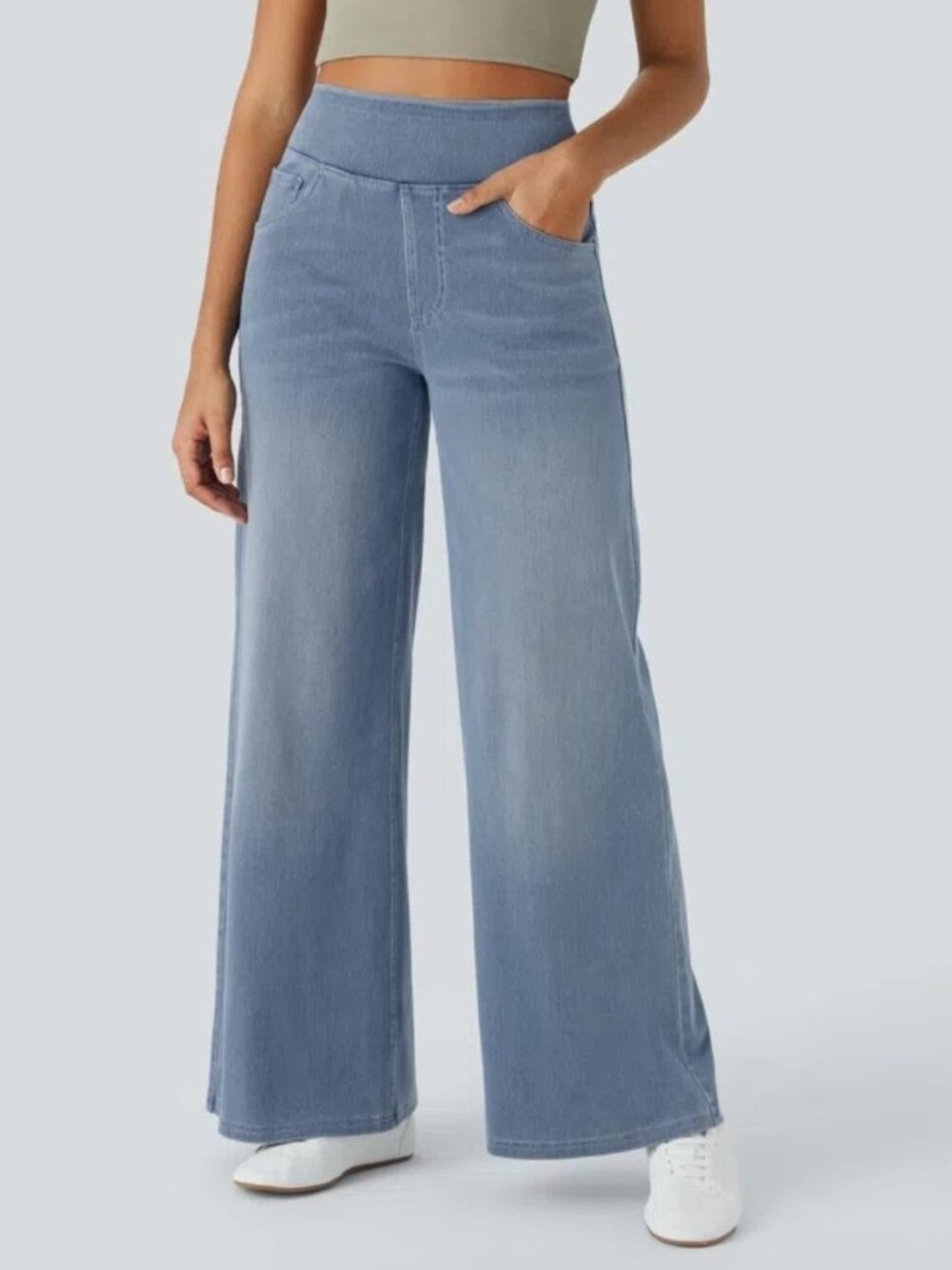 NWT Halara Medium Flex High Waisted Pull On Baggy Wide Leg Jeans Women Grey Blue